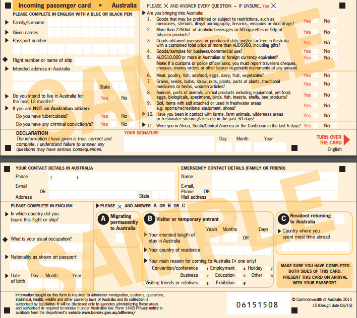 Incoming Passenger Card - Australia Immigration