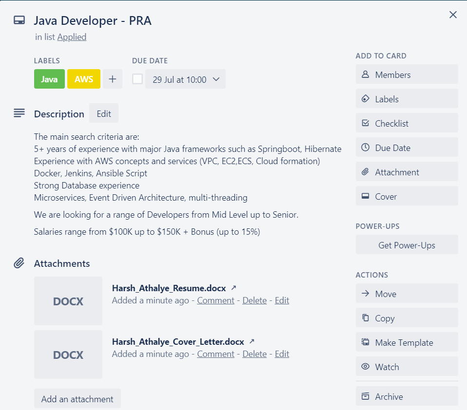 Job card details in Trello