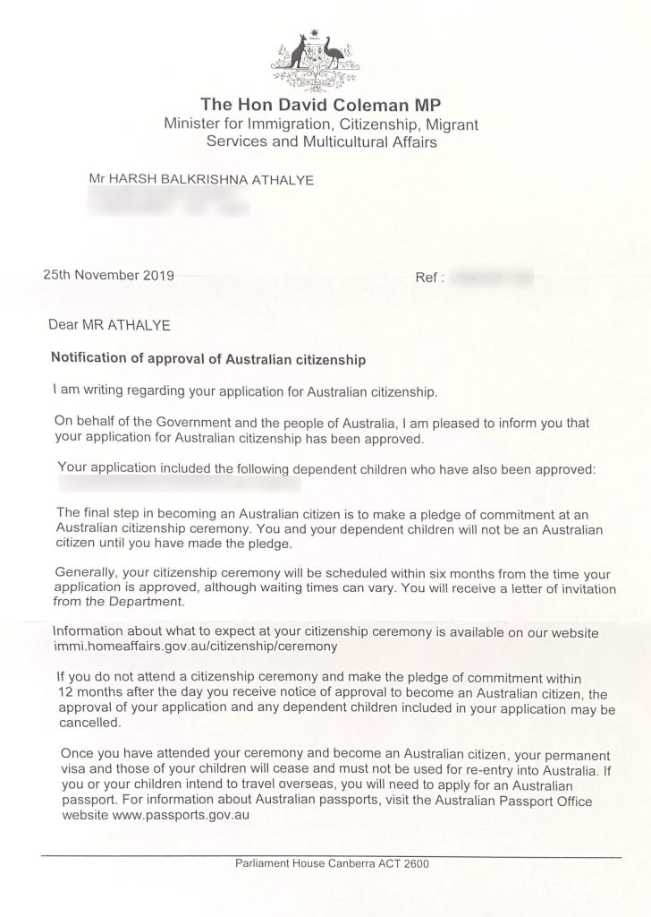australian citizenship approval letter